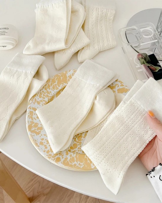 on Ins Style Cream White Girls' Medium Socks