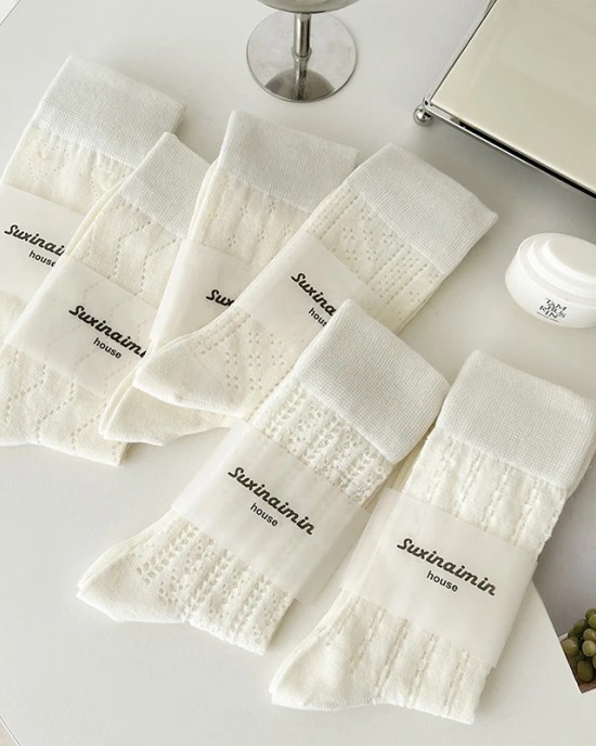 on Ins Style Cream White Girls' Medium Socks