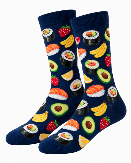 Funny Food Print Crew Socks, Unisex Fruit Sushi